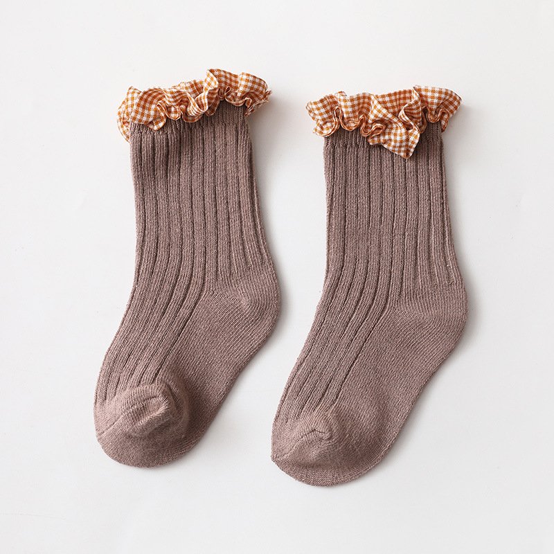 Lente Herfst Baby Sokken Kant Effen Kleur Kinderen Peuter Sokken Leuke Lattice Gedrukt Zachte Baby Meisje Korte Sokken Voor Kinderen: Coffee