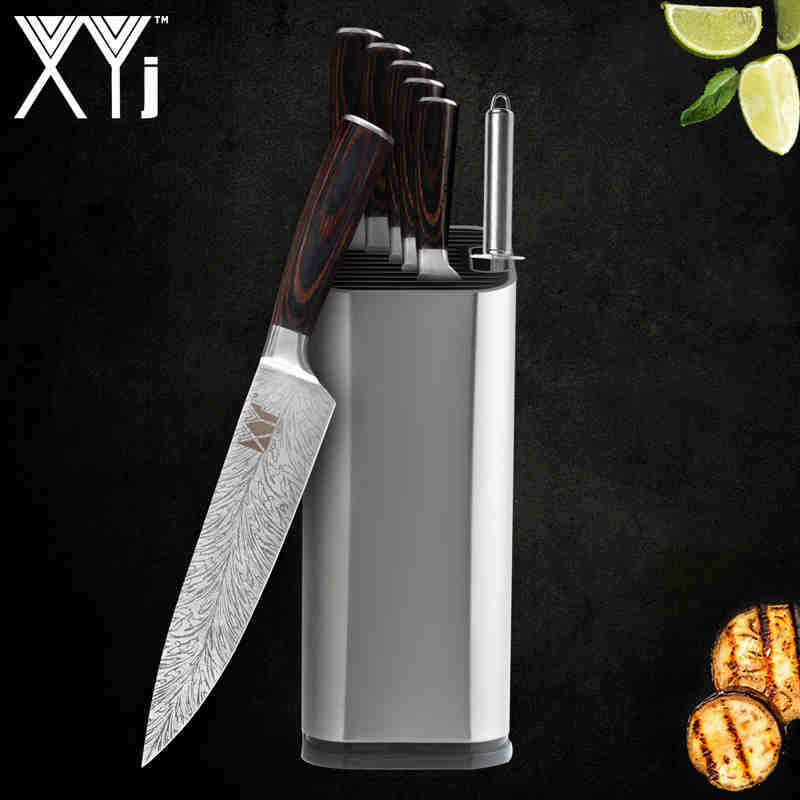 Xyj 6 '' 8 '' kjøkkenknivholder stativ rustfritt stål 7 cr 17 damaskus årer blad farge trehåndtak kniv kjøkkentilbehør: B .8 stk sett