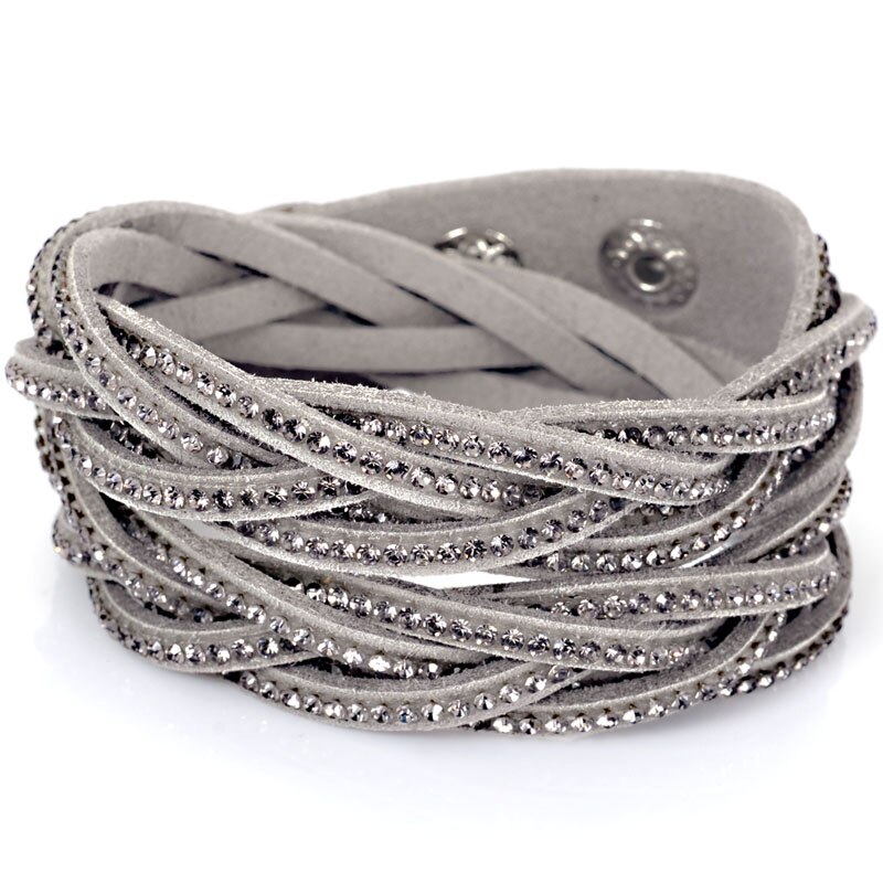 Miasol Trendy Crystal Wrap Rhinestones Braided Double Wrap Leather Charm Bracelet For Women Girl Bracelets: Light Grey