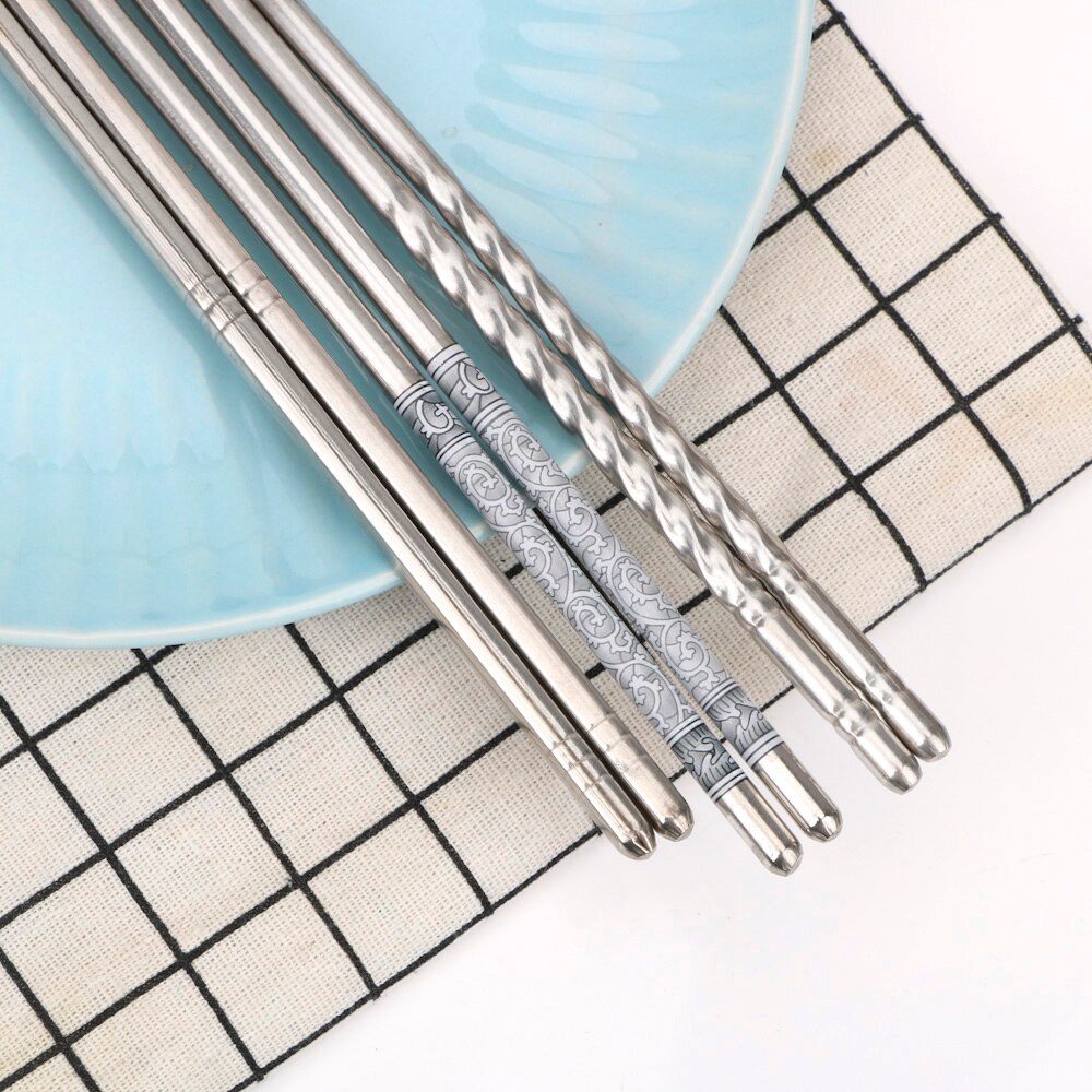 HILIFE Duurzaam Servies Blauw en Wit Patroon Holle Anti-brandwonden Antislip Eetstokjes 5 Paar Rvs 201