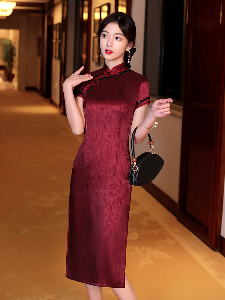 Cheongsam informal con cremallera en la espalda para mujer, vestido ajustado de manga corta con cuello de doble capa, estilo fino, liso, china, ropa de calle: Color2 / M