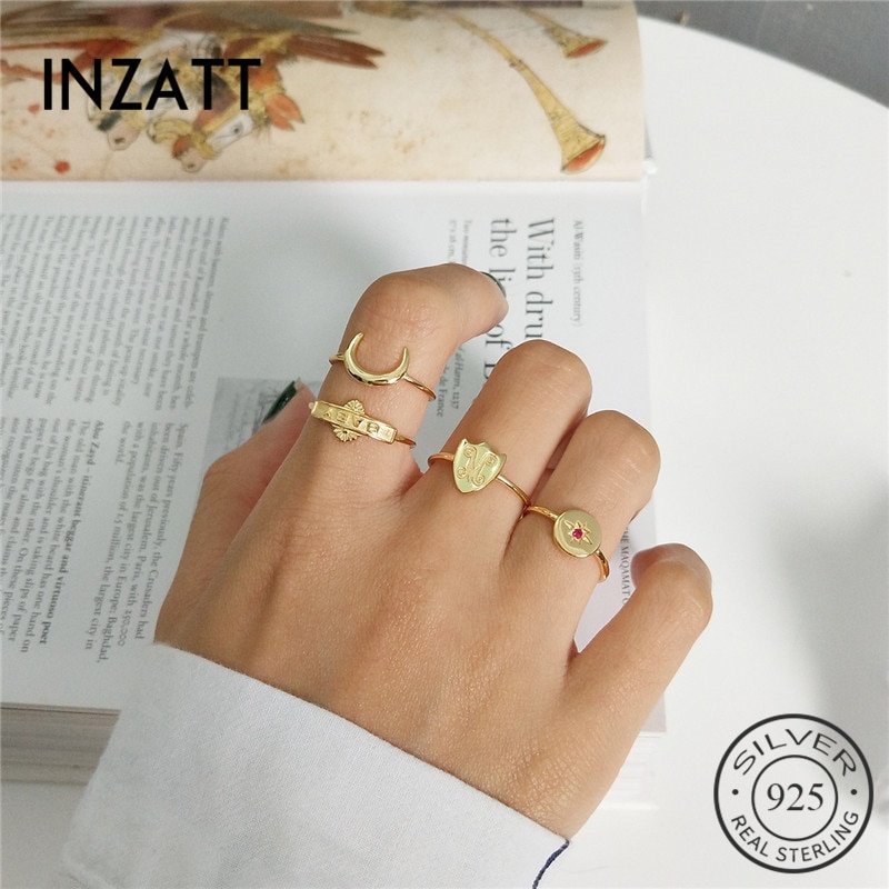 INZATT réel 925 en argent Sterling redimensionnable anneau lune étoile bouclier bébé lettre initiale pour les femmes de Boho bijoux fins