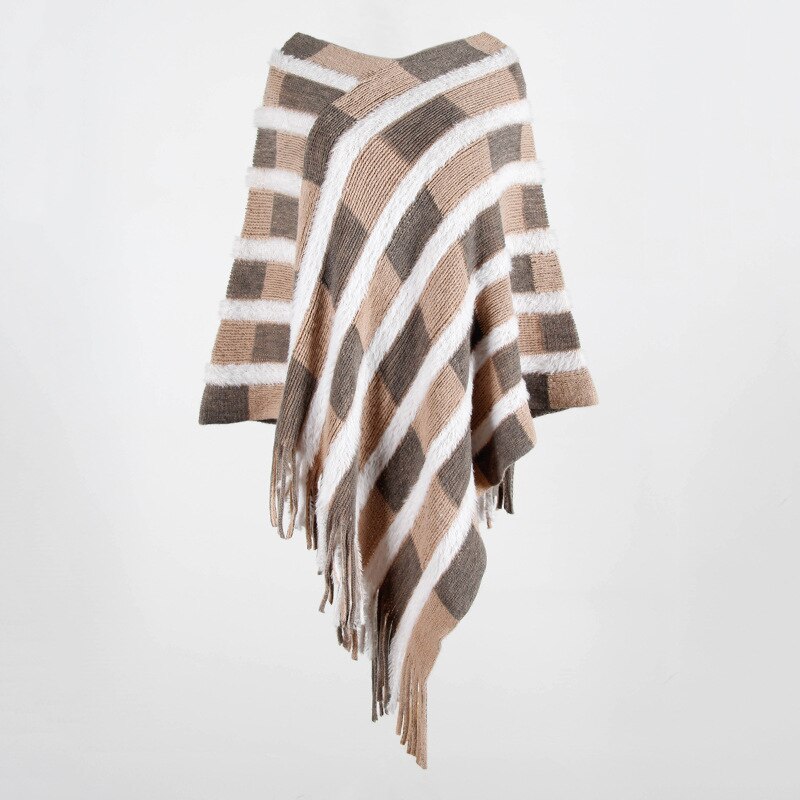 Autumn winter striped Cloak shawl Pullover knitted sweaters women Fringed cloak shawl Fur shawl fringed cape knit sweaters women: Khaki