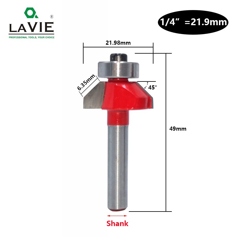 LAVIE 1pc 6mm 6.35mm Shank 45 Graden Afschuining Router Beetje Edge Vormen Bevel Houtbewerking Frees voor hout Bits MC01130: 21.98mm / 6mm Shank