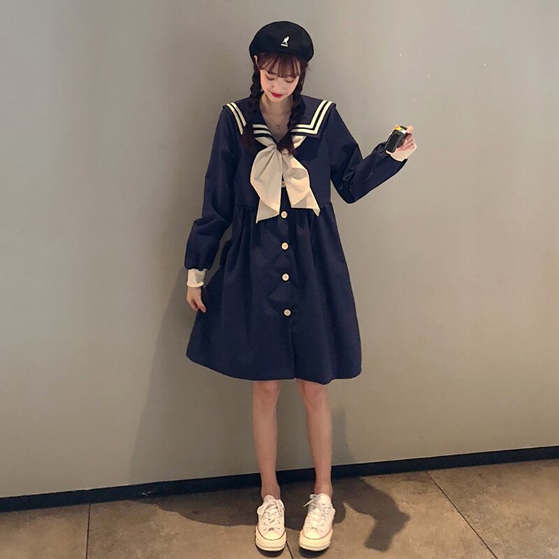Primavera jk cuello marinero estilo universitario Vestido de manga larga femenina dulce estudiante suave suelta versión coreana de la falda japonesa tide: Blue long sleeve