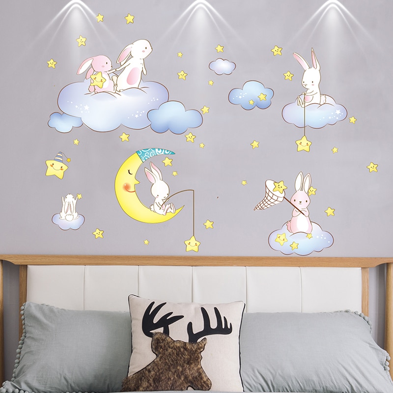 [Shijuekongjian] Konijnen Dieren Muurstickers Diy Cartoon Wolken Sterren Maan Muurstickers Voor Kinderkamer Baby Slaapkamer Decoratie