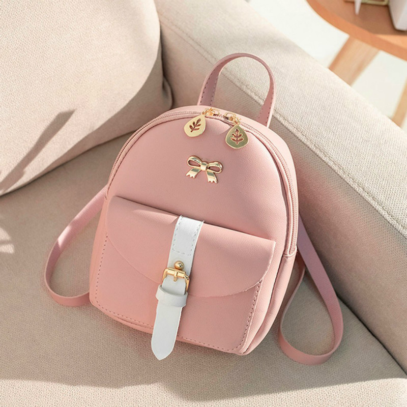 luxe cuir PU Kawaii mignon sac sacs à dos femmes Mini sac à dos boucle douce sacs d'école pour filles nœud-noeud pochette: Pink