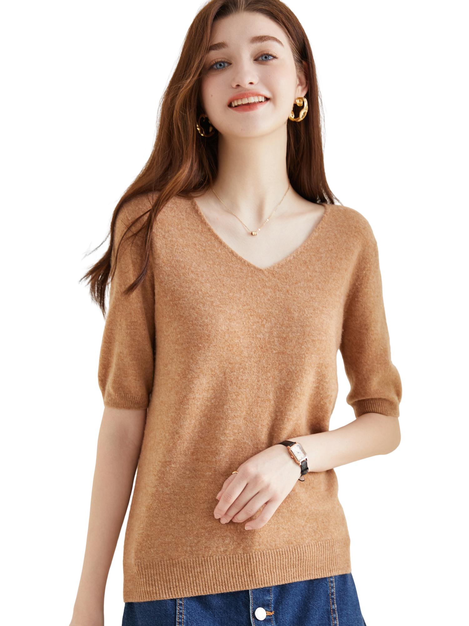 Women's Sweater 100% Merino Wool Sweater for Women Pullover Short Sleeve Tops Spring Summer V Neck Soft Knitted Female Clothing: L / Khaki