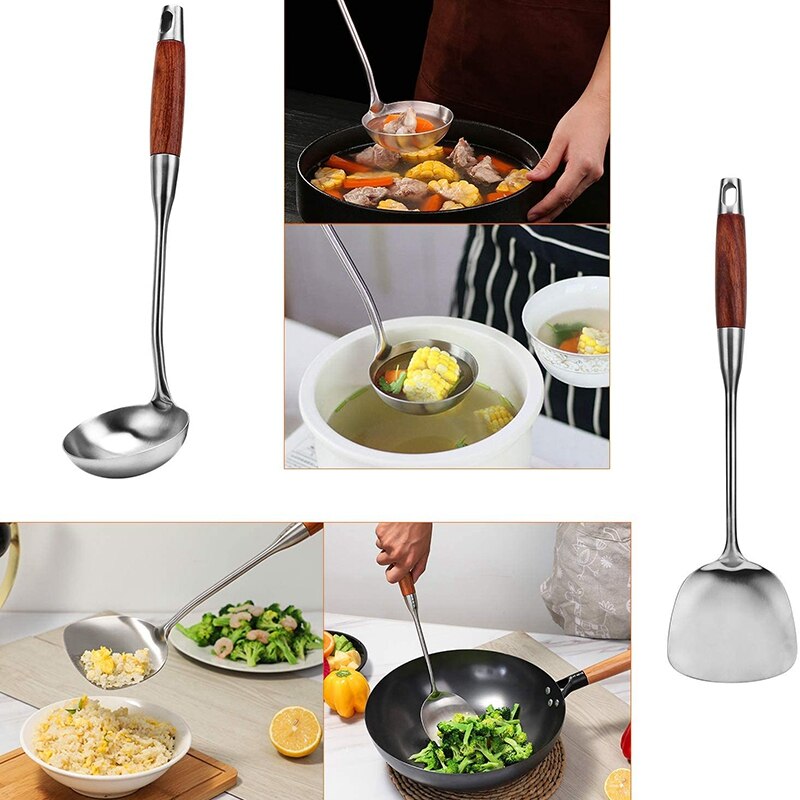 2 Stainless Steel Kitchen Utensils Set, 304 Stainless Steel Wok Spatula and Spoon Set