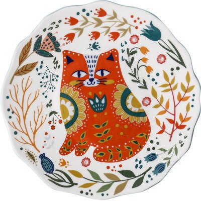 Colorful Cat Dinner Plate Under-glazed Ceramic Dinner Dishes Dessert Tray Flower Kitten Dinnerware Microwave Safe Dessert Plate: Ceramic plate 01