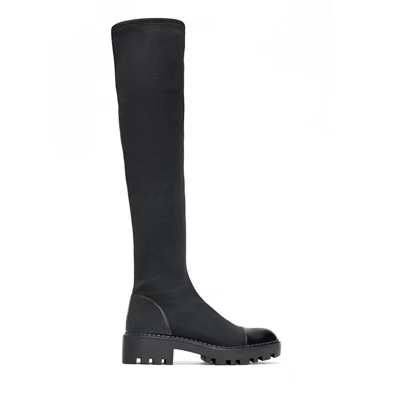Botas de suela negra, suela plana, botas por encima de la rodilla elásticas, espesor de cabeza, parte inferior, lateral alto