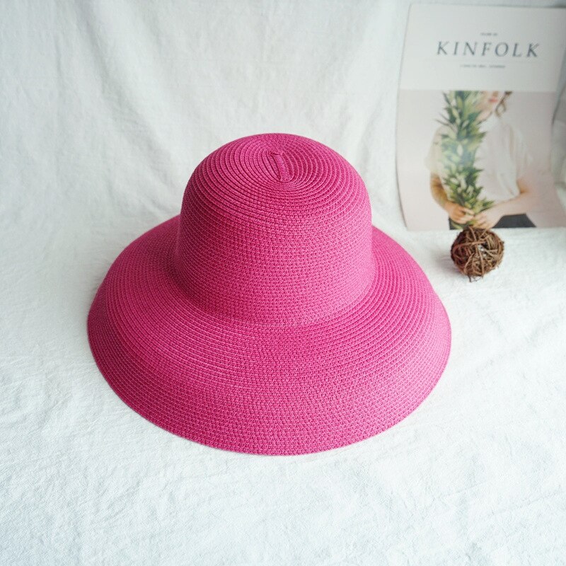 Sombrero parasol Vintage para señora, Color puro, estilo Hepburn, vacaciones 56-58CM, temperamento , de verano, sombrero de paja de: Pink