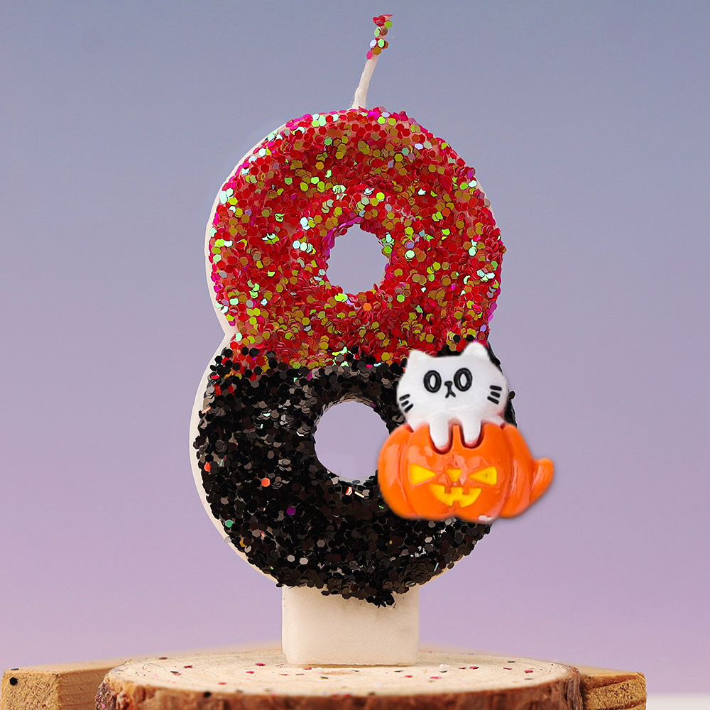 Velas de cumpleaños para niños, 1 piezas, bonito gato, calabaza, número 0-9, Festival de Halloween, vela de lentejuelas, Decoración de Pastel de 1 año: Rosa fluorescente
