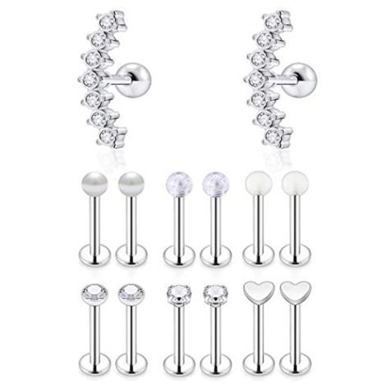 7 pares de pendientes de cartílago de oreja de plata de acero inoxidable para mujeres niñas Tragus Helix pendientes tachuelas lindo Conch Piercing trasero plano