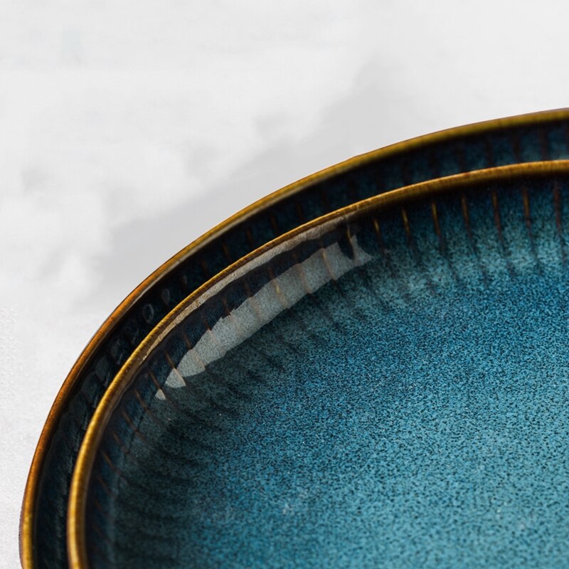 Home green glazed ceramic tableware Blue Retro home kitchenware big dish soup set