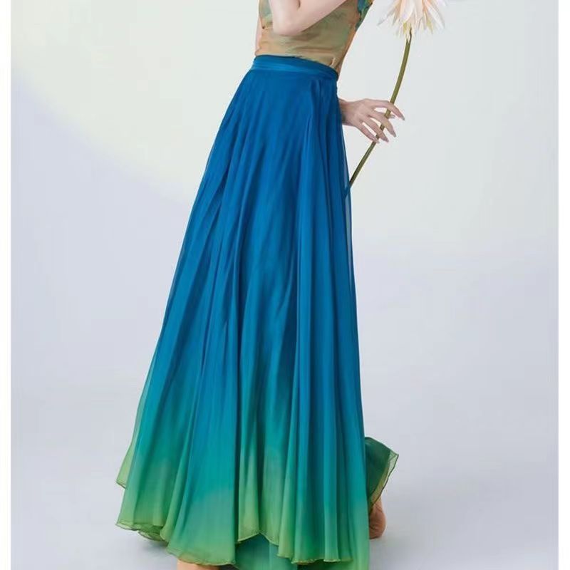 Hanfu-falda larga fluida de 720 grados para mujer, traje de entrenamiento para bailar, pantalones de gasa de pierna ancha, disfraz clásico degradado verde y amarillo