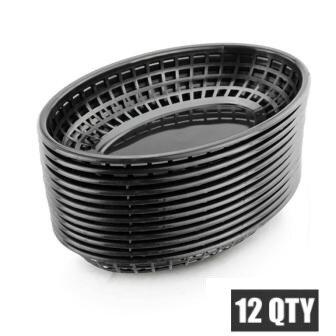 Cestas de plástico de 9,25 "para comida rápida plato ovalado para desayuno, platos de cena, patatas fritas, pastel, bandeja de barra para pan, restaurante, 12 Uds.: Black Tray