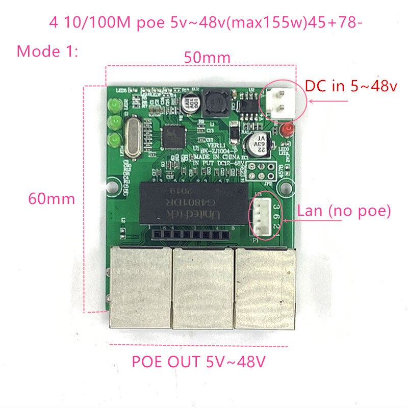Odwrotnej mocy dostaw przełącznik POE POE W/na zewnątrz5V/12V/24V/48V 155W/3 = 51.67W 100 mb/s 802.3w 45 + 78- DC5V ~ 48V odległość serii życie POE