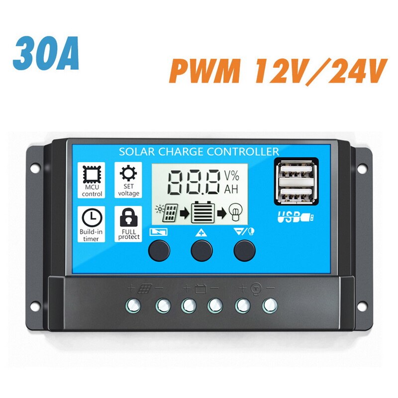 10/20/30A Solar Charge Controller 12V/24V Auto PWM 5V Output Solar Panel Battery Controller Regulator With Dual USB LCD Display: 30A