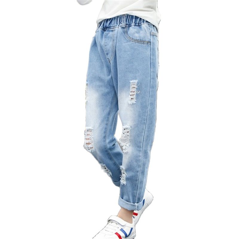 Jean déchiré bleu clair pour filles, pantalon en Denim ample, taille élastique, pour adolescentes de 3 à 16 ans, été