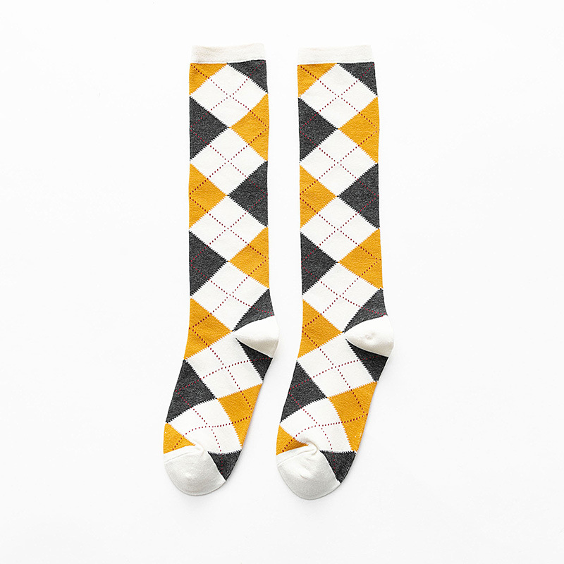 Dreamlikelin Autumn Winter Harajuku Girls Cotton Socks Female Uniform Argyle Socks Wing Rhombus Kawaii High Tube Knee Socks: StyleB Yellow