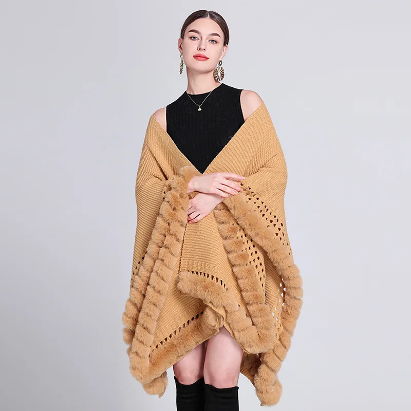 Herfst Winter Warme Oversized Lange Poncho Capes Koord Faux Bont Uitgehold Gebreide Outstreet Sjaal Mantel Vrouwen Dragen Losse Jas: CAMEL