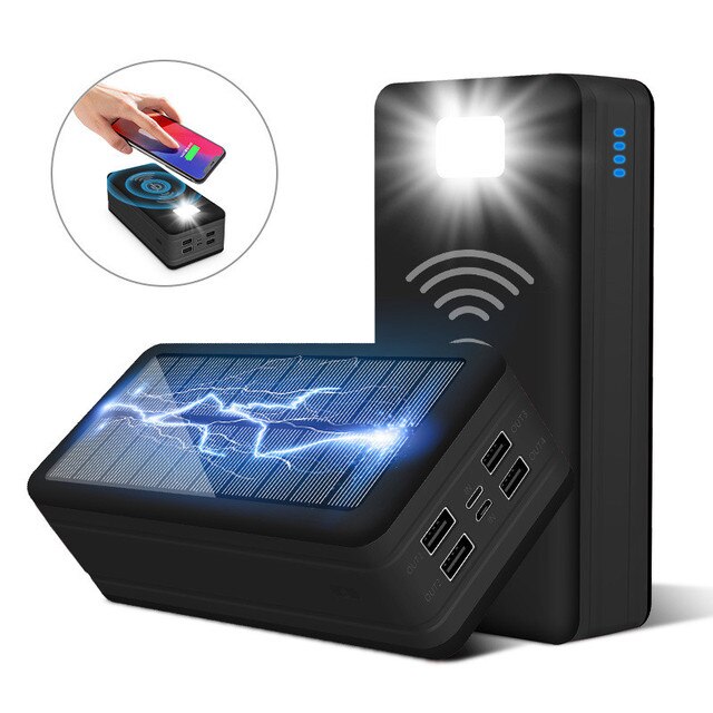 Banco de energía Solar inalámbrico, cargador de teléfono portátil de 99000mAh, 4USB, batería externa de gran capacidad para exteriores, para IPhone, Samsung y Xiaomi: wireless Black