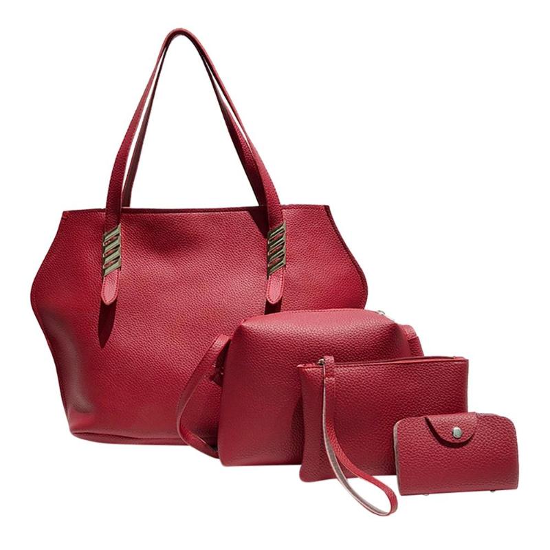 Bolso bandolera de piel sintética para mujer, 4 unids/set, bolso de hombro femenino informal cruzado con solapa, bolsos de colores sólidos: Rojo