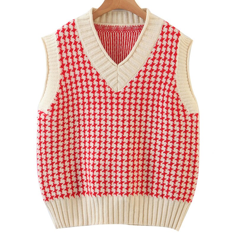 Novalya Preppy Style V Neck Sweaters Women Houndstooth Sweater Women Sleeveless Sweaters Female Ladies HT