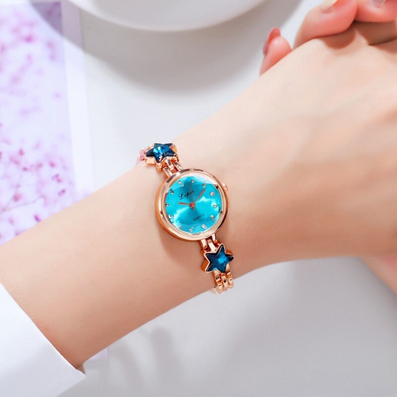 Luxe Horloges Vrouwen Sterrenhemel Armband Rose Gouden Jurk Wome Quartz Horloge Strass Mode Klok Lady Relogio Feminino: Rose Blue