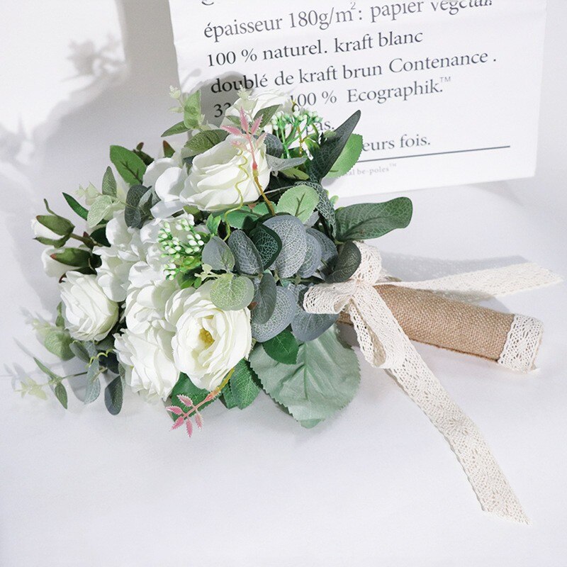 SESTHFAR Weiß Grün Pfingstrosen Rose Hochzeit Strauß Boho Künstliche Brautjungfern Hält Blumen Braut Eukalyptus Hand Strauß: Weiß-kurz