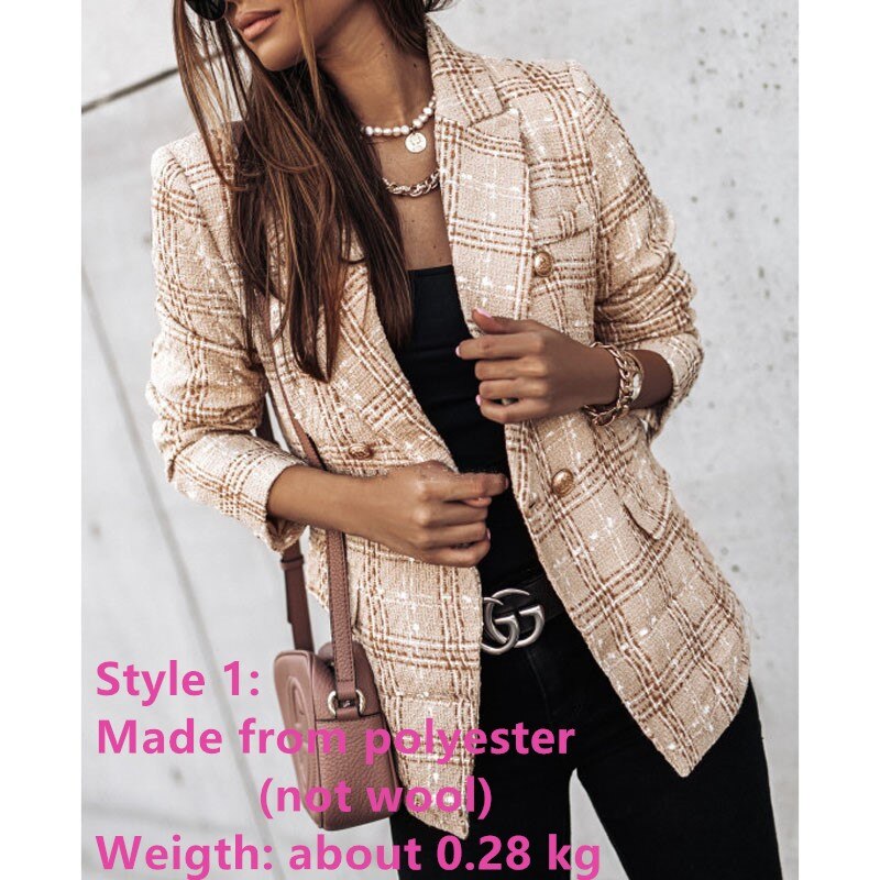Dubbelrijs jas met kraag, dames slim fit geruite jas, herfst, lange mouwen, bovenkleding  am2219: Stijl 1- beige / Xxl