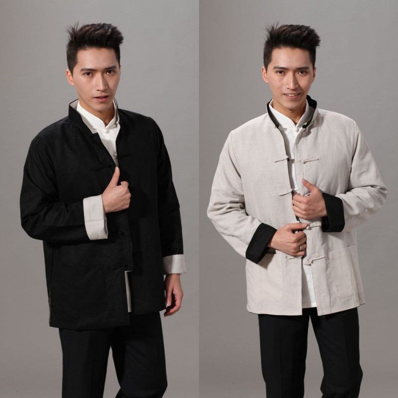 Folk herre bomull lin kampsport kinesisk kung fu reversible klær tai chi uniform mannlige wushu trening sportsklær chaqueta: Svart beige / M