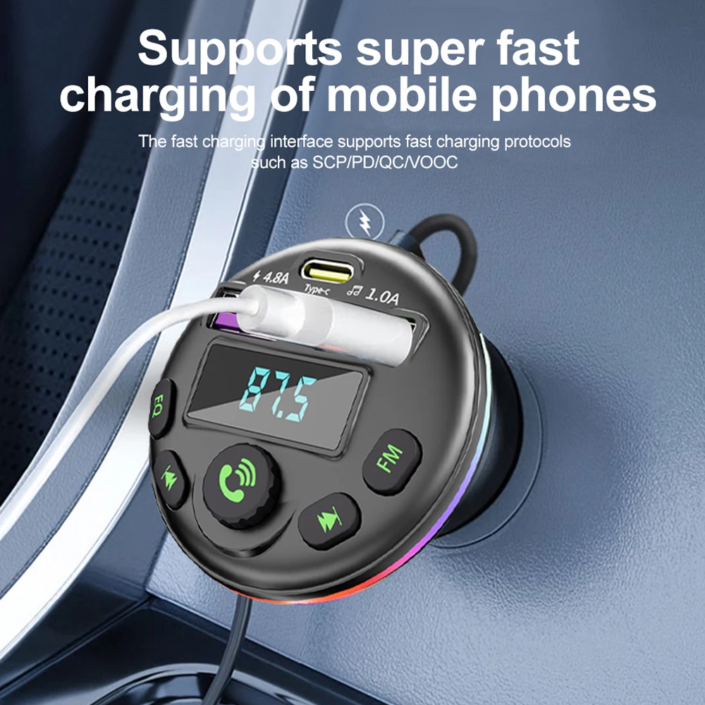 Auto Bluetooth 5.0 Fm-zender MP3 Modulator Speler Handsfree Audio-ontvanger Met 3 in 1 Oplaadkabel voor IPhone Huawei Xiaomi