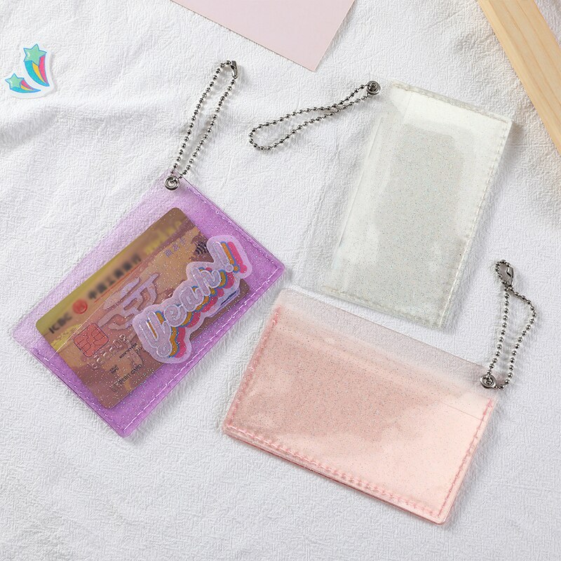Ins 2 Bits Transparante Waterdichte Pvc Glanzende Vrouwen Meisjes Card Case Visitekaarthouder Mannen Id Creditcard Zak met Sleutelhanger