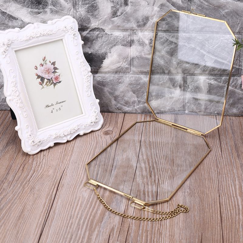 Achthoekige zwevende hangende fotolijst van metaal en glas, portretfoto, plantenhouder, dubbelzijdig, decoratie voor thuis