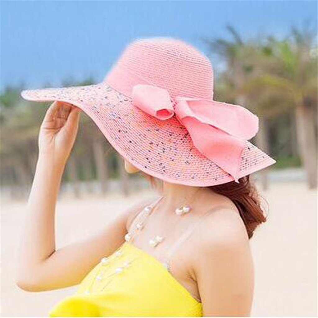 Chapeau de soleil en paille Beige à large bord pour femmes, nouvelle , pliable, plage, Beige, respirant, plein air, Gorros