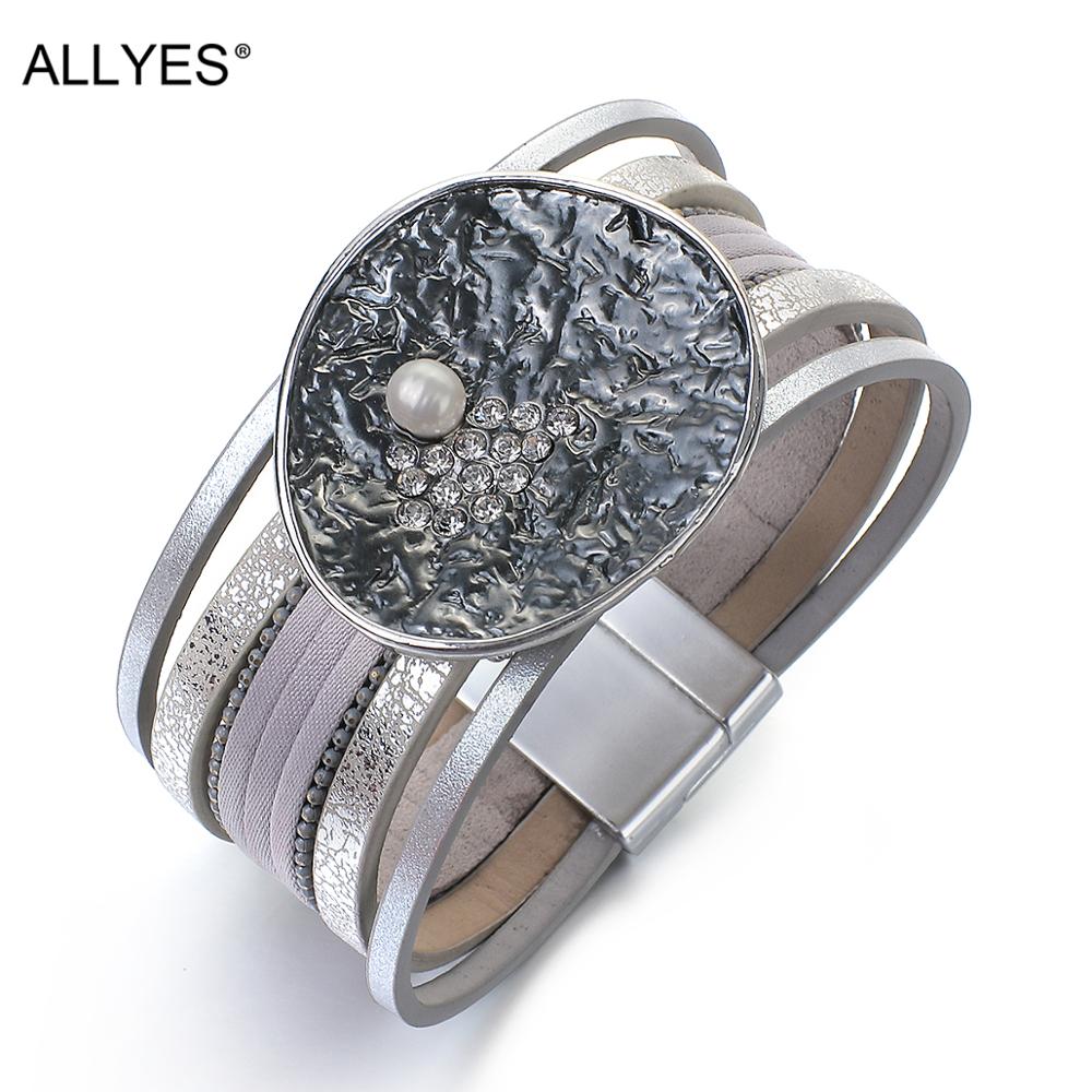 ALLYES Multi Layer Leather Bracelet for Women Pearl Rhinestone Black Enamel Charm Bracelets Bangles Unisex Jewelry