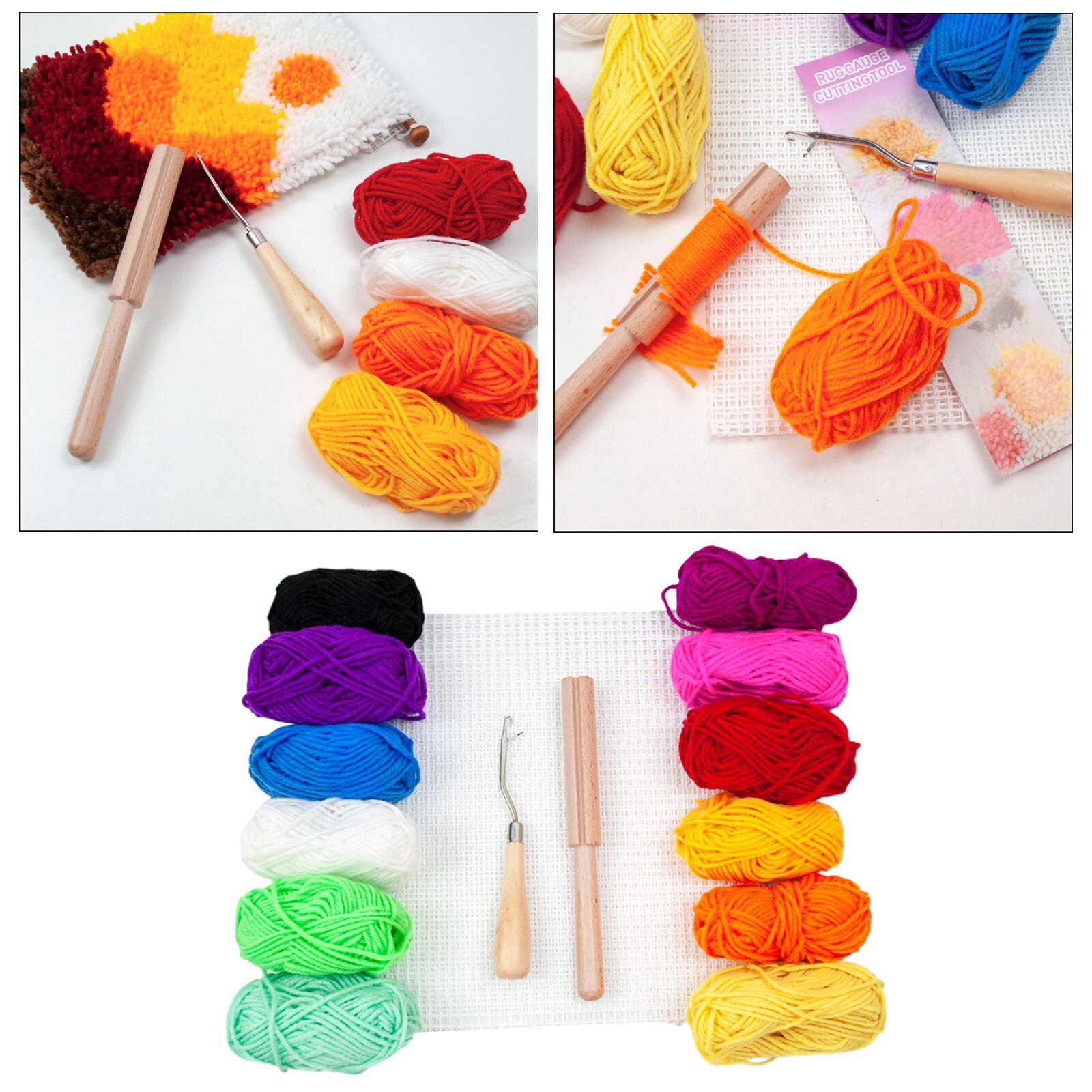 1 Set Latch Hook Rug Yarn Kits with Wooden Yarn Cutter Tool, Mesh Canvas, Latch Hook Crochet for Tapestry Carpet Rug Making DIY