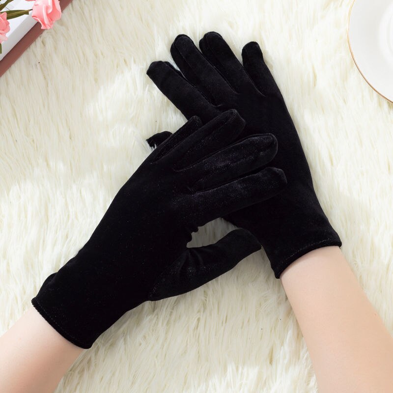 Handschuhe Frauen Lila Burgund Schwarz Kaffee Grün Samt Handschuhe Elastische Verein Leistung Formale Party Kleid Handschuh Finger Guantes: Schwarz