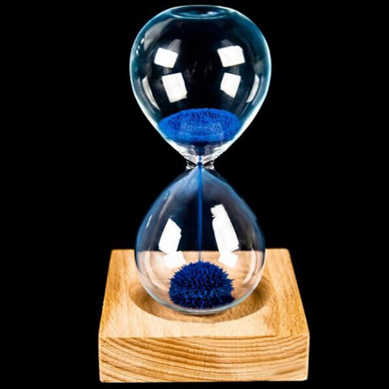 Wood glass + Iron Powder Sand Iron Flowering Magnetic Hourglass with Packaging Hourglass 13.5 * 5.5cm Wooden Seat Presents: blue