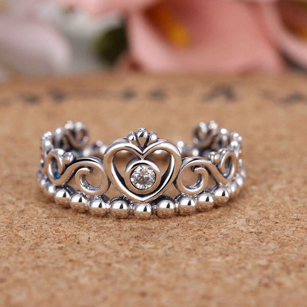 Silver Princess Tiara Rings For Women with AAA Zircon Vintage Silver Princess Crown Rings For Women Wedding Jewelry