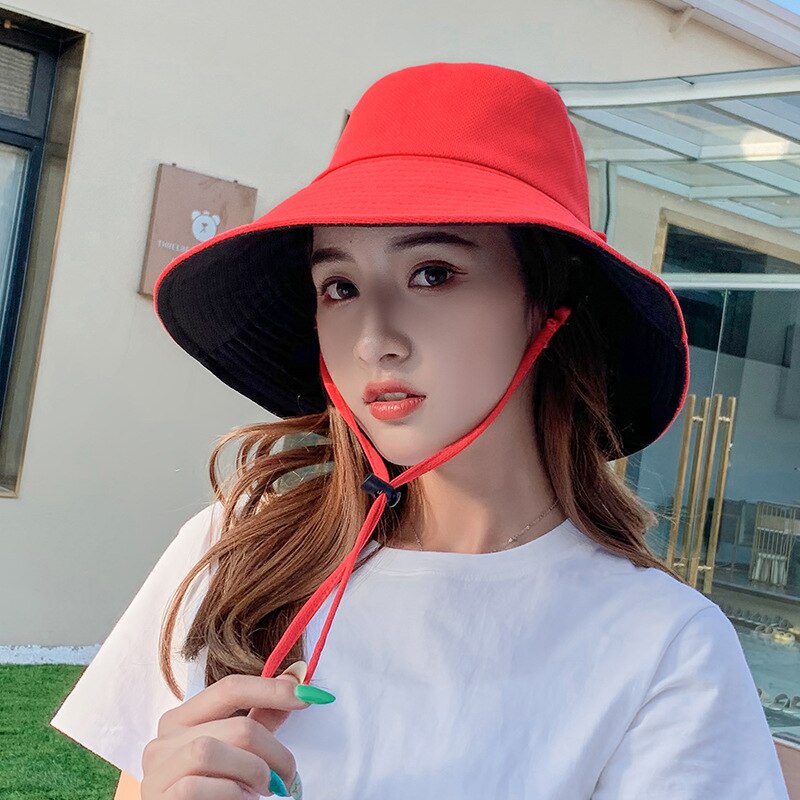 Fisherman's Hat Red Double Face Covering Hat Travel Big Edge Sun Hat Women's Versatile Japanese Net: Red-  Black