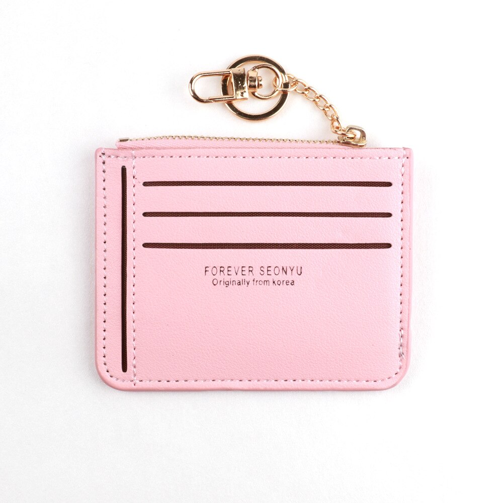 Brand Super Thin Small Credit Card Holder Wallet Women&#39;s Leather Key Chain ID Card Case Slim Female Ladies Mini Coin Purse: Pink