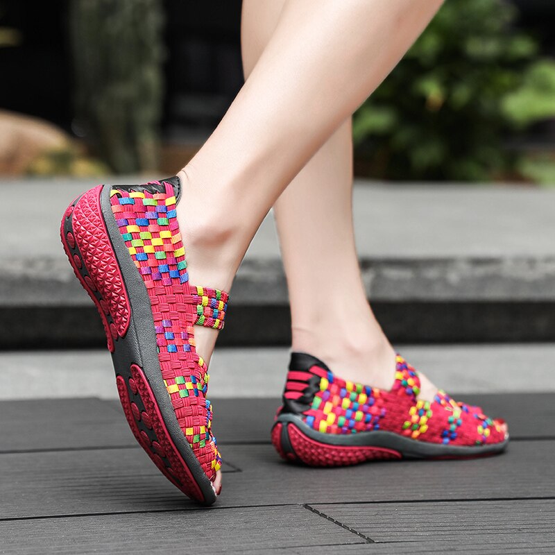 Sandales plates tissées pour femmes, chaussures de , mocassins à enfiler, multicolores