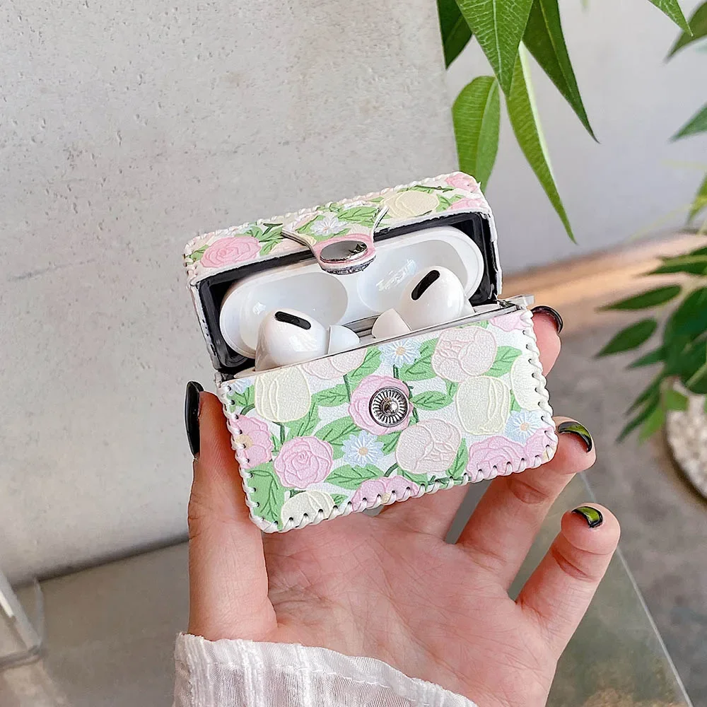 Étui Airpods 4 2 1 3 pour écouteurs, peinture à l'huile de fleurs, housse en cuir Vintage pour AirPod Pro, boîte de Protection: S / Gris foncé