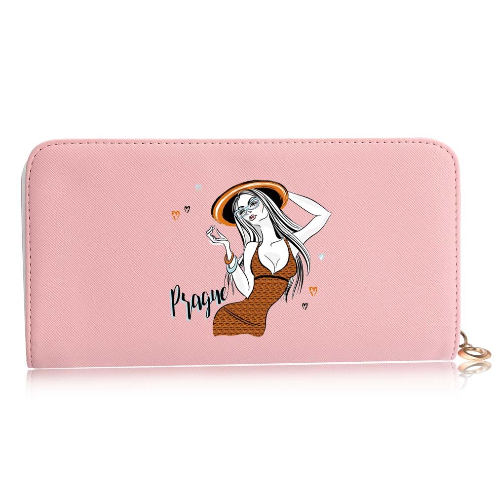 Casual Women Wallets Long Style Cartoon Woman Printing Pattern Female Card Holder Zipper Coin Purses Carteira Feminina: H pink