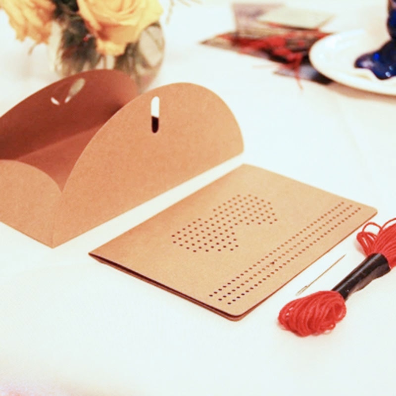 1set Heart Kraft Paper Greeting Card Invitation Card DIY Sewing Love Embroidery Blessing Paper Cards Handmade Party Wedding