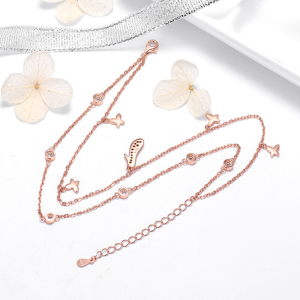 925 Sterling Silber Fußkettchen Rose Gold Schmetterling hoch Fersen Footchain Süße Doppel-schicht für Frauen murmeln Feine Schmuck freies schiff
