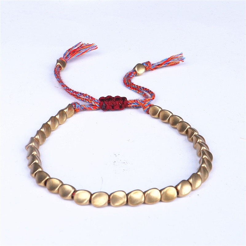 Pulseira tibetana feita à mão de cobre com miçangas, para mulheres, corda ajustável, pulseiras masculinas, cor dourada trançada, boho, joia vintage, presente